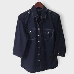 Lands' End Womens Navy Blue White Stitch Button Up Shirt Sz 12 Pockets Stretch